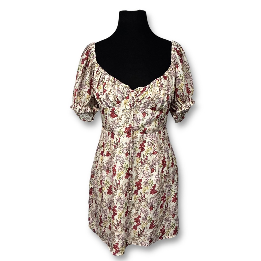 Lulus Forever a Sweetheart Cream Floral Print Puff Sleeve Mini Dress Women's M